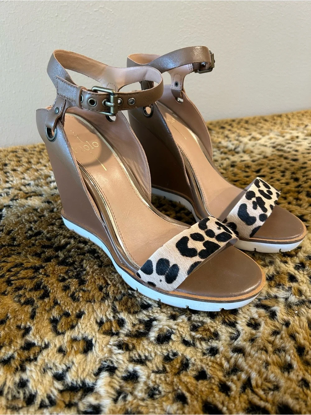 Linea Paolo Leopard-Print Front Strap Tan Ankle-Strap Wedges